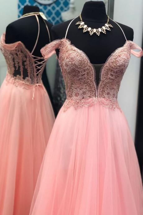 Pink Tulle Lace Prom Dresses Custom Made Formal Evening Gowns ,a Line Backless Evening Gowns .women Gowns