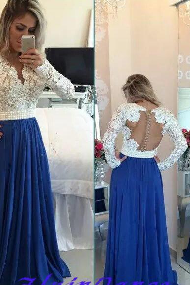 Sexy Backless Sheer Royal Blue Long Evening Drwss With Sleeve Custom Made Women Party Gowns , Long Prom Gowns .lace Gowns