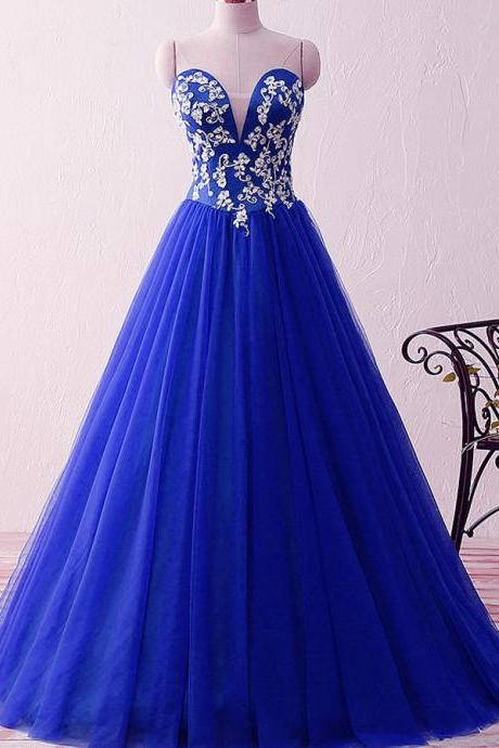 Luxury Royal Blue Tulle A Line Quinceanera Dresses With Beaded Custom Made Women Party Gowns , Sweet 15 Quinceanera Party Gowns 2020