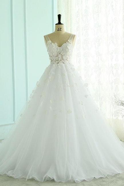 Plus Size White Lace A Line China Wedding Dresses 2020 Wedding Guest Gowns ,Simple V-Neck Bridal Gowns 