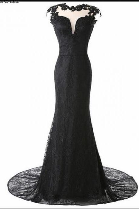 Black Lace Scoop Neck Mermaid Prom Dresses Sheer Neck Women Prom Gowns , Mermaid Evening Dress ,custom Made Wedding Party Gowns