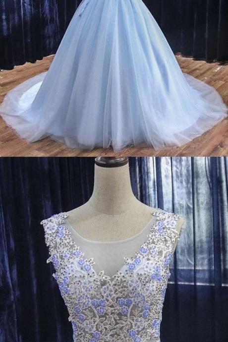 Beaded Scoop Sky Blue Tulle Long Prom Dress Custom Made Women Prom Party Gowns ,women Gowns 2020