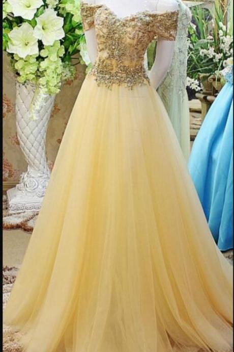 Charming Beaded A Line Yellow Tulle Long Prom Dresses Custom Made Women Party Gowns , Sexy Formal Evening Dress.