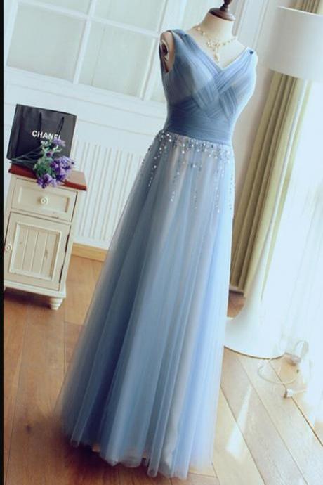 A Line Blue Tulle Ruffle Long Prom Dress Custom Made Women Pageant Gowns , Long Bridesmaid Dress