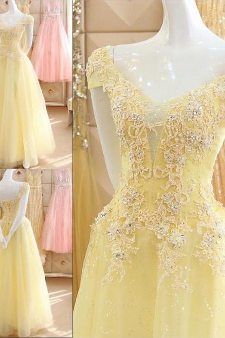A Line Yellow Beaded Tulle Long Prom Dresses Women Party Gowns 2020 Custom Made Evening Dress, Wedding Dresses