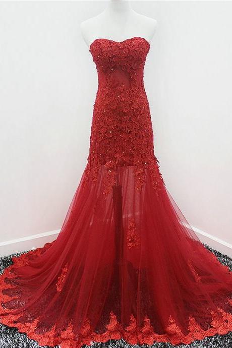 Red Lace Mermaid Evening Formal Dresses Strapless Applique Beaded Sequin Tulle Prom Dress Special Occasion Dress Women 2020 Long Prom Dresses