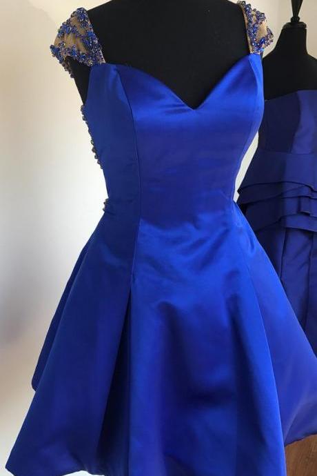 Sexy Royal Blue Satin Beaded Short Homecoming Dress Plus Size Women Party Gowns ,short Cocktail Gowns ,mini Prom Gowns
