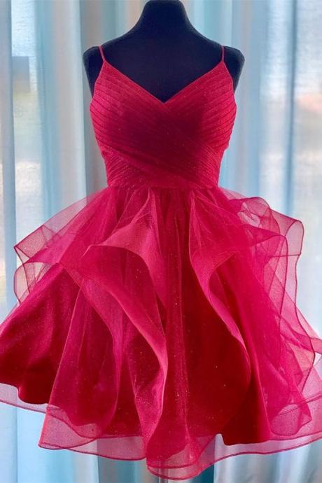 Red Tulle Short Homecoming Dress, Mini Party Gowns ,sexy Wedding Guest Gowns 2020