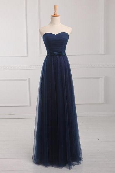 Sexy A Line Navy Blue Tulle Ruffle Long Bridesmaid Dress Simple Women Party Gowns ,plus Size Prom Gowns 2020