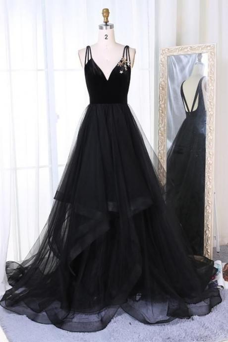 Black V-neck Tulle Formal Evening Dress Elegant Women Party Gowns Plus Size Prom Dresses