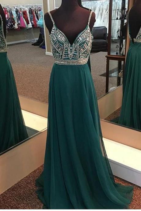 Sexy Backless Greeen Chiffon Beaded A Line Prom Dress Custom Made Women Party Gowns ,plus Size Women Gowns 2020
