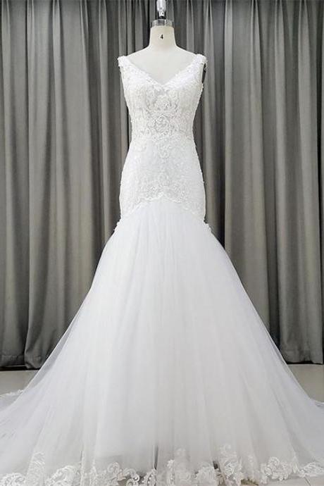Fashion V-neck Mermaid Wedding Dresses 2020 Custom Made Lace Appliqued Long Wedding Gowns
