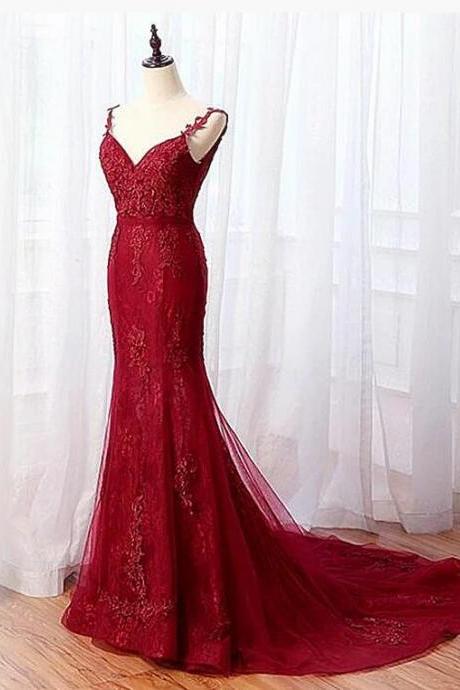 Fashion Burgundy Tulle Lace Mermaid Prom Dress Off Shoulder Women Party Gowns ,sexy Wedding Guest Gowns
