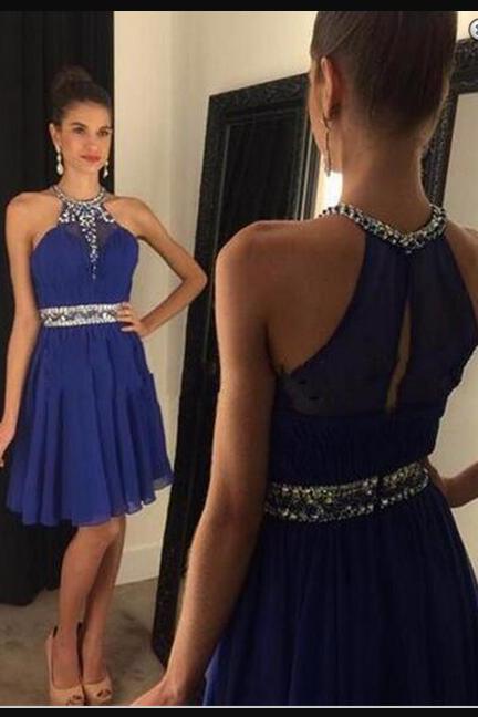 Shiny Royal Blue Chiffon Ruffle Halter Beaded Short Homecoming Dress, Sweet 16 Prom Gowns , Junior Party Gowns .