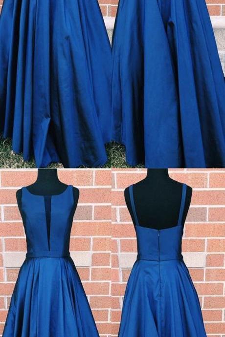 Custom Made Blue Satin Scoop Neck A Line Long Prom Dress Off Shoulder Prom Gowns , Women Prom Gowns