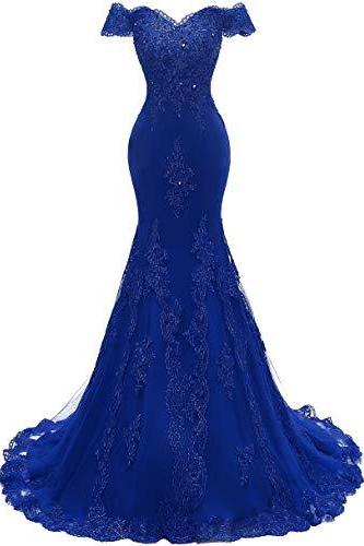 Off Shoulder Royal Blue Tulle Mermaid Prom Dress Plus Size Prom Party Gowns Formal Evening Dresses