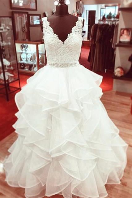 Custom Made White Lace A Line Wedding Dresses Organza Women Bridal Party Gowns , Wedding Gowns 