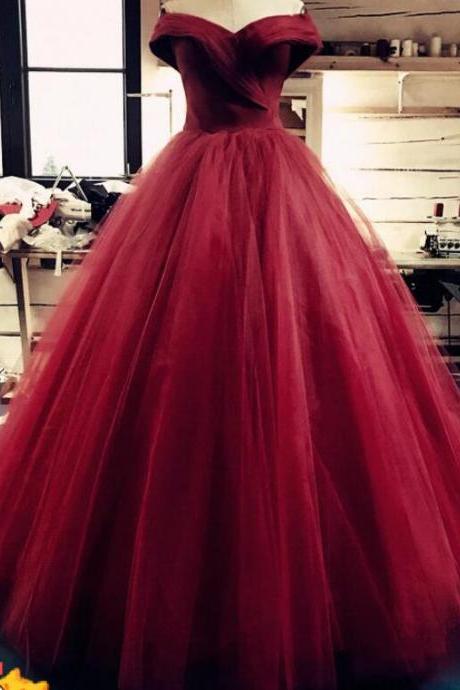 Strapless Dark Red Tulle A Line Quinceanera Dress Custom Made Women Party Gowns , Long Prom Dress