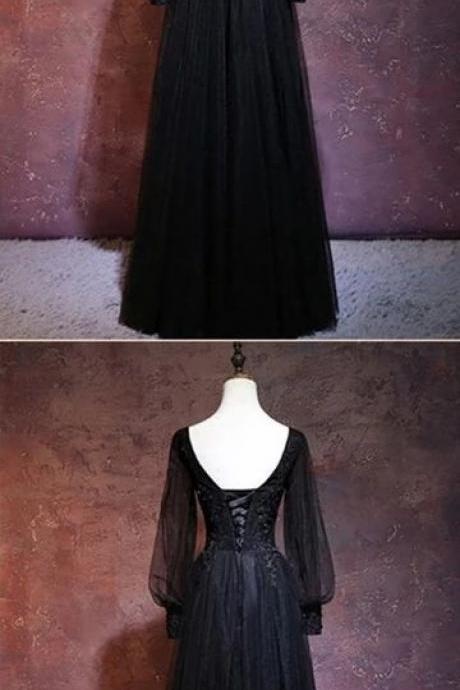Black Tulle A Line Long Sleeve Evening Dress Custom Made Women Party Gowns ,plus Size Wedding Guest Gowns