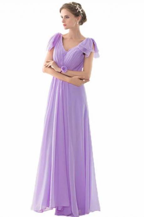 Purple Chiffon Ruffle Long Bridesmaid Dress A Line Wedding Guest Gowns ,wedding Guest Gowns