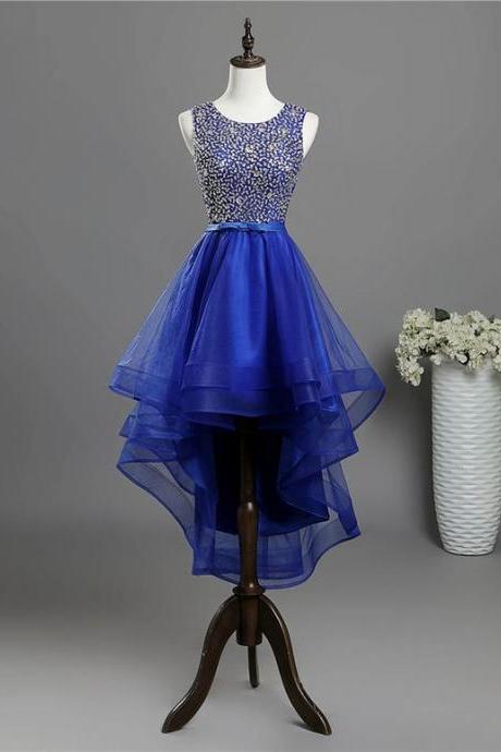 Charming Beaded Crystal High Low Royal Blue Tulle Prom Dress ,wedding Party Gowns ,custom Made Prom Party Gowns