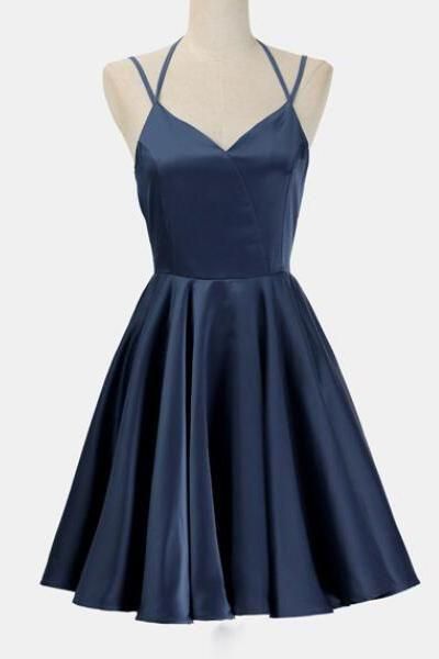 Short Prom Dress , Navy Blue Satin Short Prom Gowns , Mini Homecoming Party Gowns 