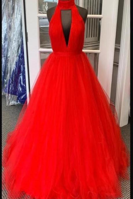 Sexy Halter Neck A Line Red Tulle Long Prom Dress Plus Size Formal Evening Dresses 2020 Women Gowns