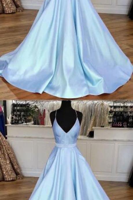 Sky Blue Satin Long Prom Dress Plus Size A Line Women Prom Party Gowns , Wedding Party Gowns