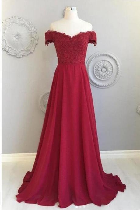 Off Shoulder Burgundy Lace Long Prom Dress, Custom Made Formal Evening Party Gowns