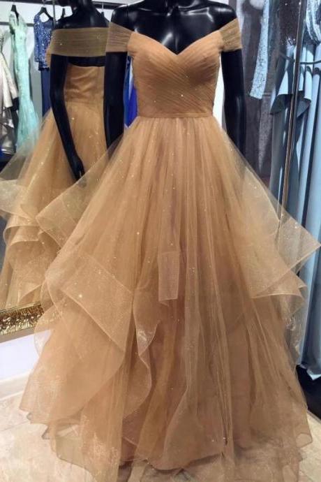 Custom Made Champagne Tulle Formal Evening Dresses A Line Women Party Gowns , Q Uinceanera Dresses