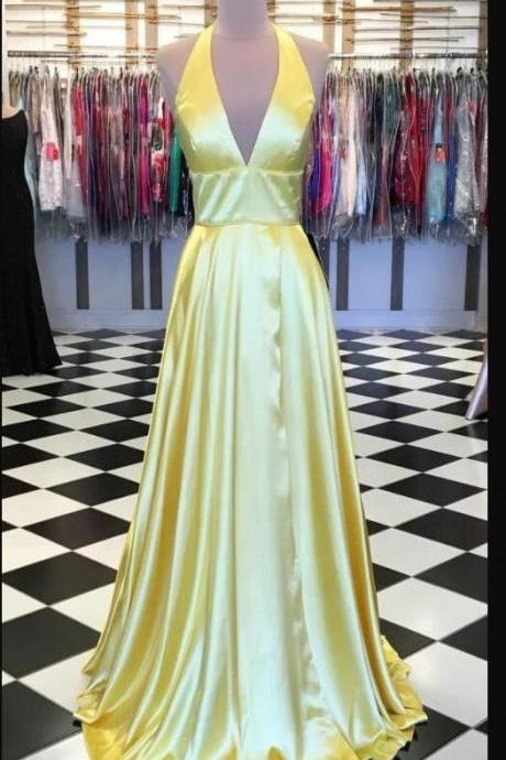 Halter Neck Yellow Satin Prom Dresses 2020 Plus Size Prom Party Gowns ,formal Gowns