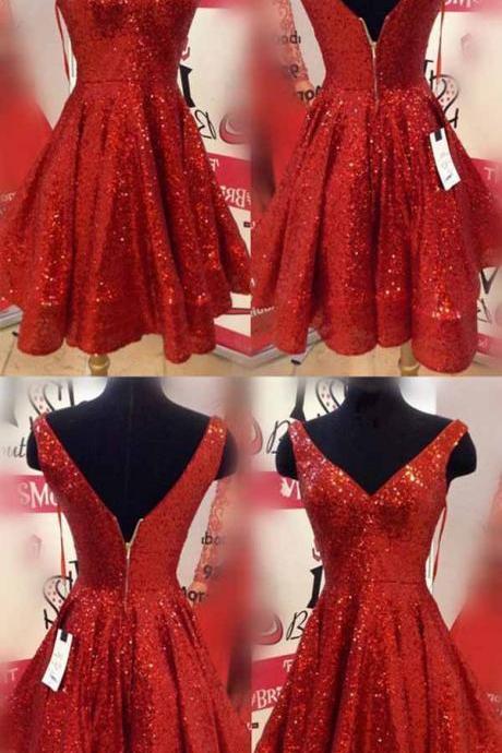 Charming V-neck Red Sequin Short Homecoming Dress Above Length Short Prom Gowns ,custom Made Mini Cocktail Party Gowns 2020