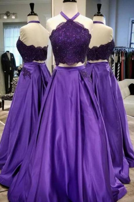 Custom Made Two Pieces Purple Lace Long Prom Dresses A Line Women Party Gowns , Formal Evening Dress