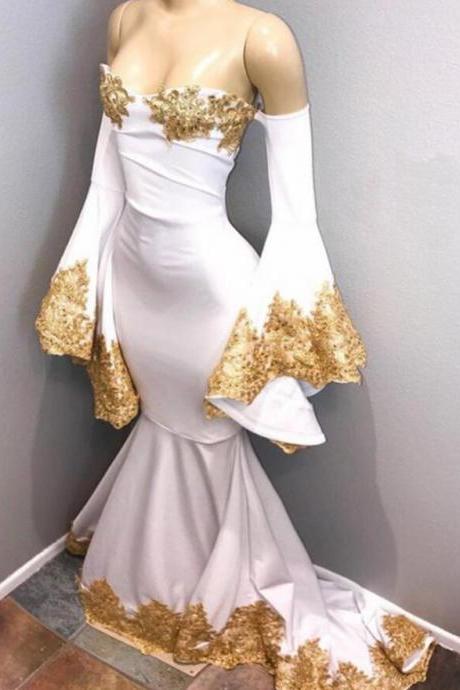 Strapless White Mermaid Evening Dress With Gold Lace Appliqued Custom Made Prom Gowns , Long Prom Dresses