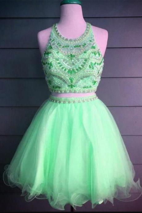 Fashion Two Pieces Green Tulle Beaded Short Homecoming Dress , Mini Cocktail Party Gowns , Sweet 15 Prom Gowns