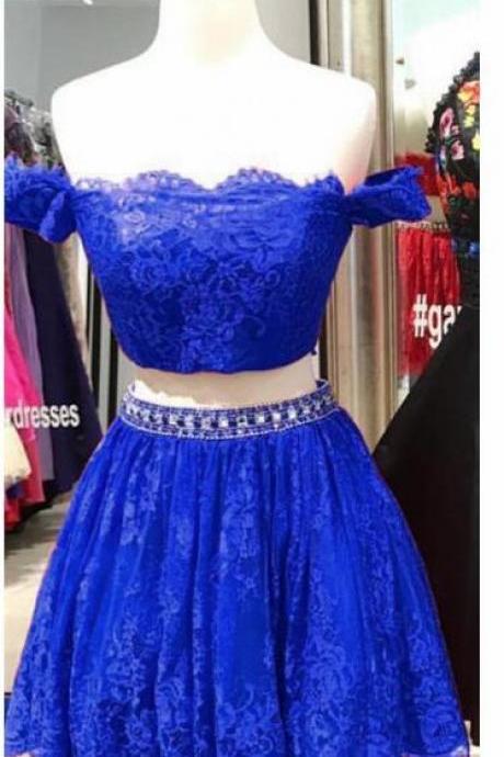 Two Pieces Royal Blue Lace Short Homecoming Dress , Party Gowns , Sexy Prom Gowns