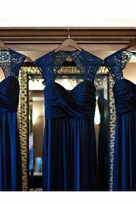 Fashion Dark Blue Lace Evening Dresses A Line Long Prom Party Gowns ,plus Size Bridesmaid Dress ,simple Bridesmaids Gowns