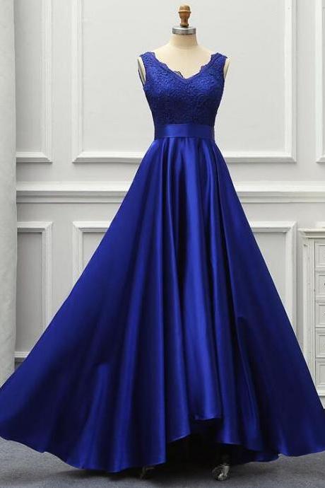 Custom Made Royal Blue Lace A Line Long Prom Dresses Prom Party Gowns ,sexy Prom Gowns 2020