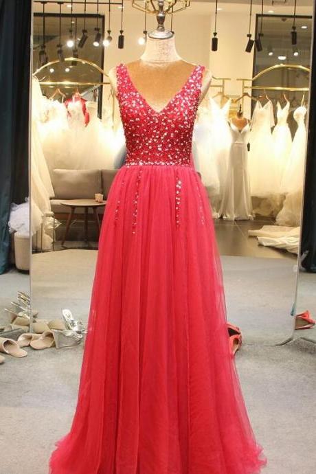 Luxury Beaded Crystal Tulle A Line Long Prom Dress V-neck Women Prom Party Gowns ,wedding Guest Gowns