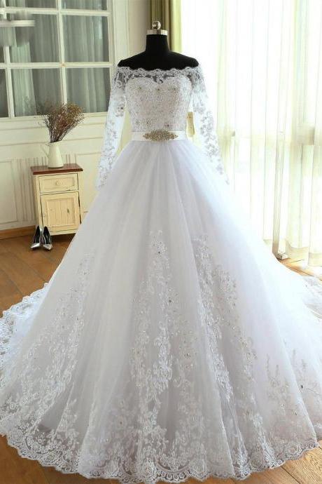 New Arrival White Lace Long Sleeve Ball Gown Wedding Dresses Custom Made Country Wedding Gowns 