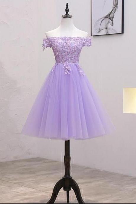 Off Shoulder Purple Tulle Lace Short Homecoming Dress A Line Short Bridesmaid Party Gowns , Short Cocktail Party Gowns