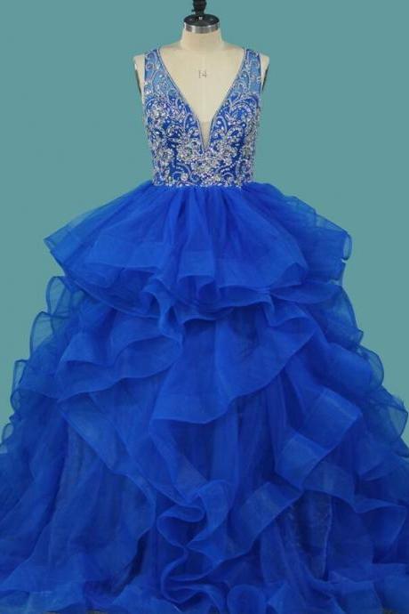 Custom Made V-neck Beaded Organza Ball Gown Quinceanera Dresses Strapless Wedding Guest Gowns , Long Quinceanera Party Gowns