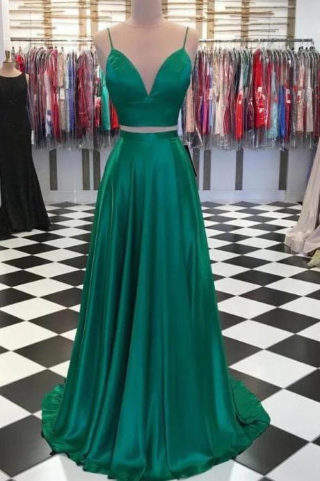 Green Satin Two Pieces Prom Dress A Line Girls Pageant Gowns ,2 Pieces Homecoming Dress, Prom Gowns