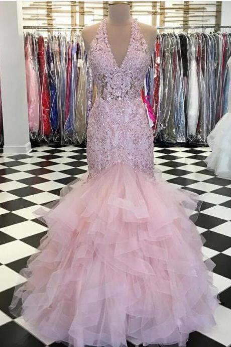 Luxury Ligh Pink Lace Aplliqued Formal Evening Dresses Custom Made Women Prom Gowns Halter Neck Prom Gowns 2020