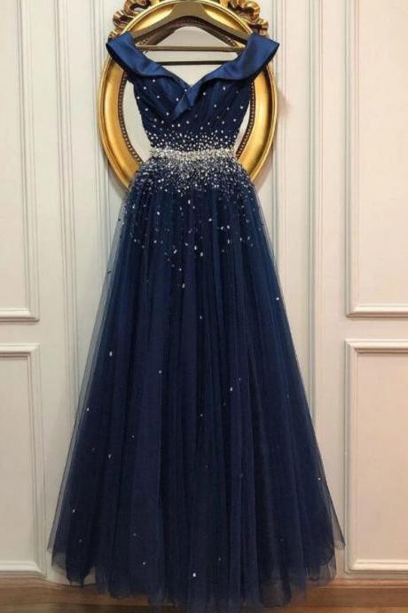 Shiny Navy Blue Beaded A Line Long Prom Dress Custom Made Women Dress, Sexy Prom Party Gowns