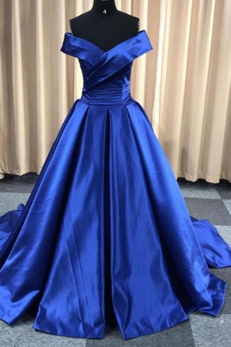 Sexy Custom Made Royal Blue Satin Ruffle A Line Long Prom Dress Sweet 15 Prom Party Gowns ,quinceanera Party Gowns
