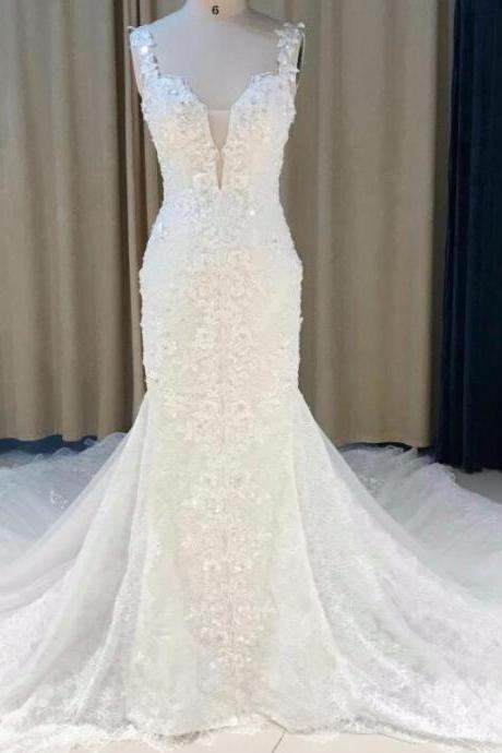 Fashion Spaghetti Strap White Lace Mermaid Wedding Dresses Custom Made Women Bridal Gowns ,Wedding Gowns 2020