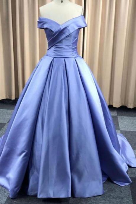 Off Shoulder Light Blue Satin Ruffle Long Prom Dresses Plus Size Women Quinceanera Gowns , Prom Party Gowns 2020