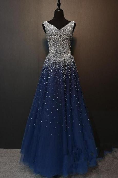Luxury Beaded Crystal Long Prom Dress Sweetheart Formal Evening Dress Plus Size Pageant Gowns , Women Gowns Blue 2020