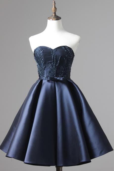 Fashion Navy Blue Satin Beaded Short Homecoming Dress Mini Girls Party Gowns , Custom Made Short Cocktail Gowns 2020